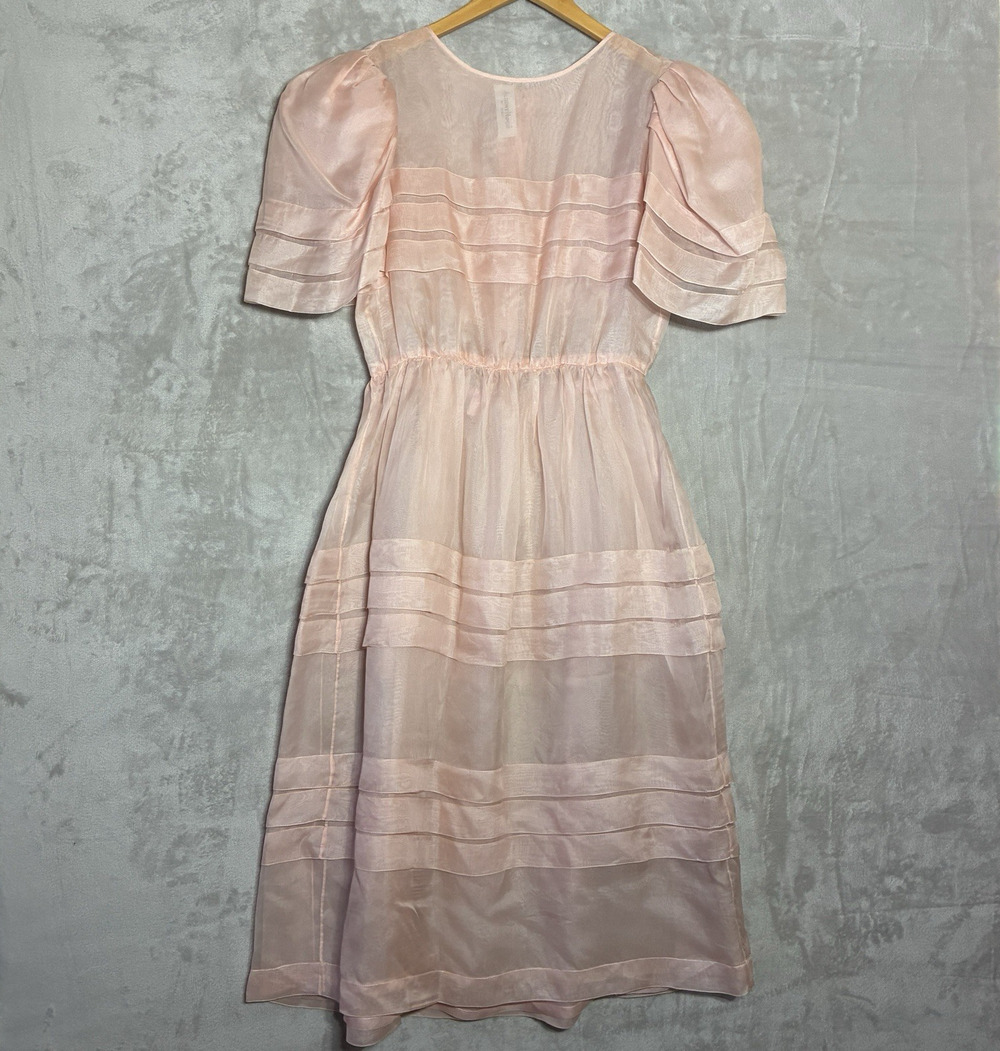 Vintage Albert Nipon By Night Sheer Baby Pink Organza Dress Puff Sleeves Size M